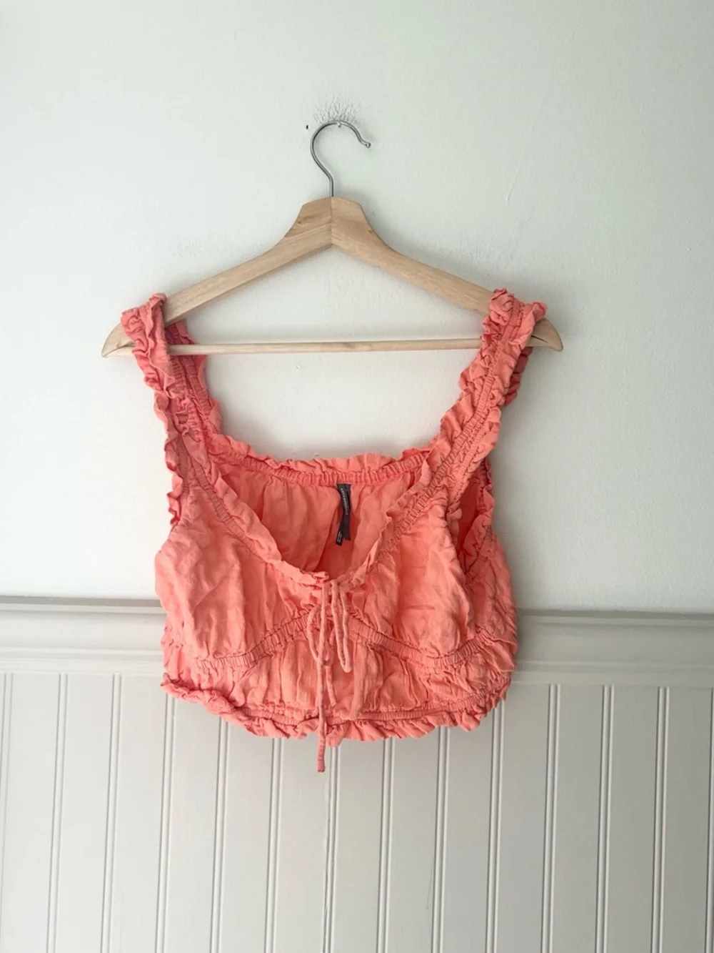 Anthropologie Medium Coral Ruched Ruffle Crop Top Sleeveless Tie Front - Picture 2 of 8